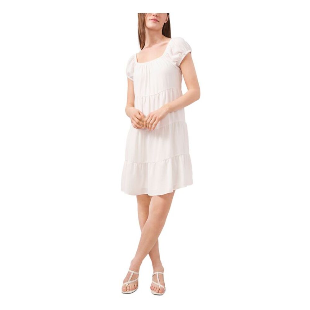 RILEY&RAE Womens White Cap Sleeve Scoop Neck Short Baby Doll Dress S